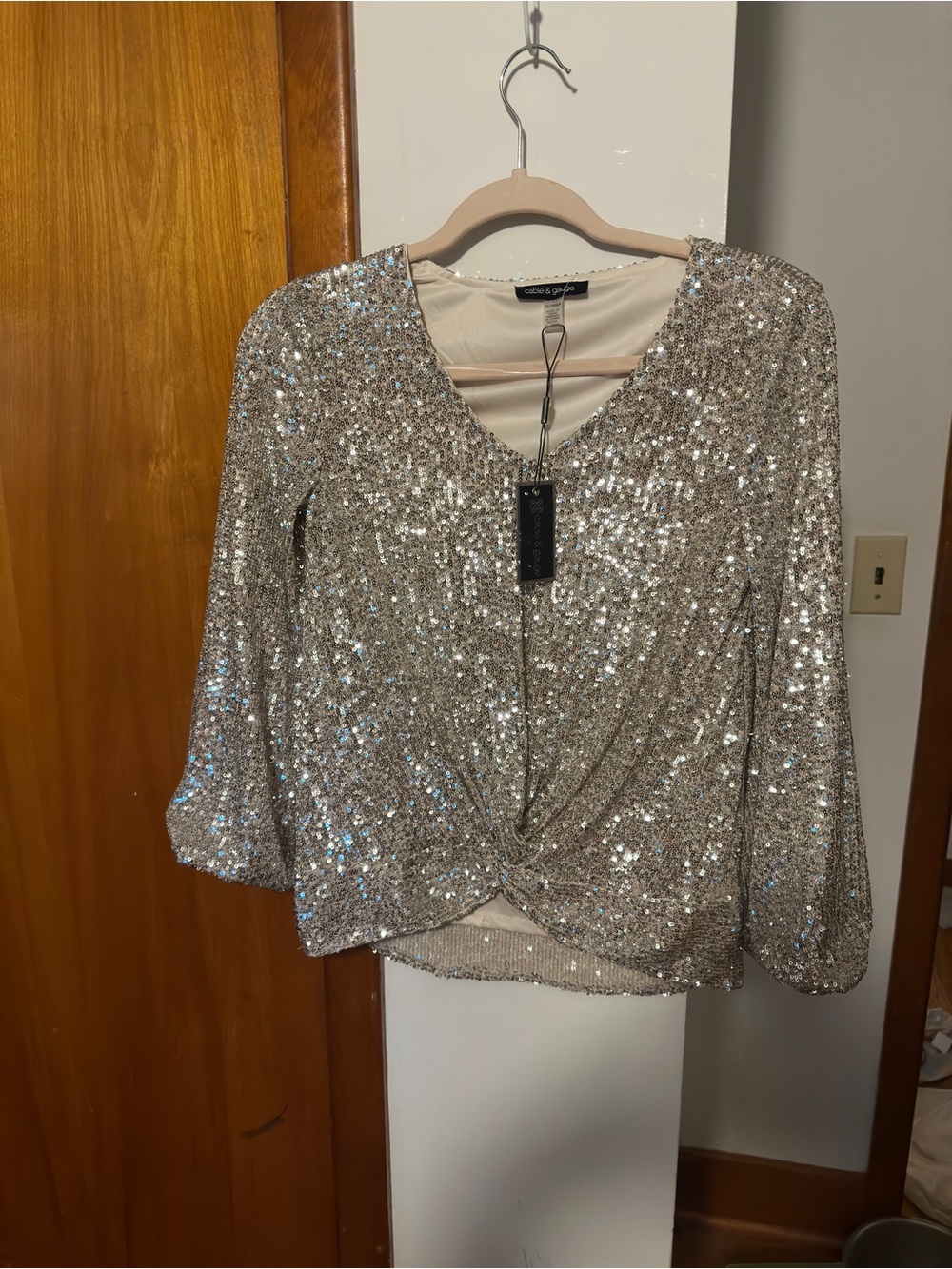 Cable & Gauge Silver Sequin Twist-Front Blouse